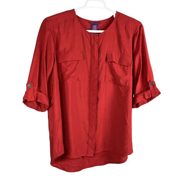 Beverly Drive NWT Womens 2X Holiday Red Silky Blouse 3/4 Tab Sleeve Pockets - Picture 3 of 14